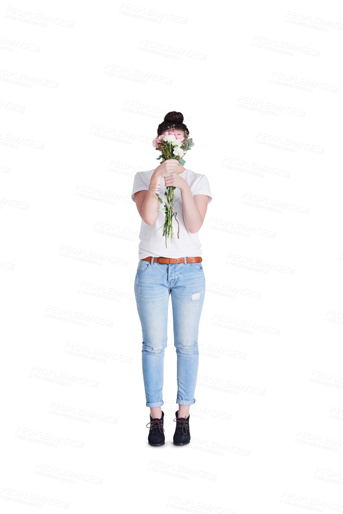 Buy stock photo Woman hiding face with gift of flowers, isolated and transparent png background. Person cover with organic floral bouquet, natural plant or florist girl smell present on womens day, holiday or event