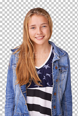 Buy stock photo Teenager, fashion and trendy outfit with denim jacket, happy and isolated on transparent png background. Portrait, confident and adolescent for cool clothes, youth and smile for face, girl and casual