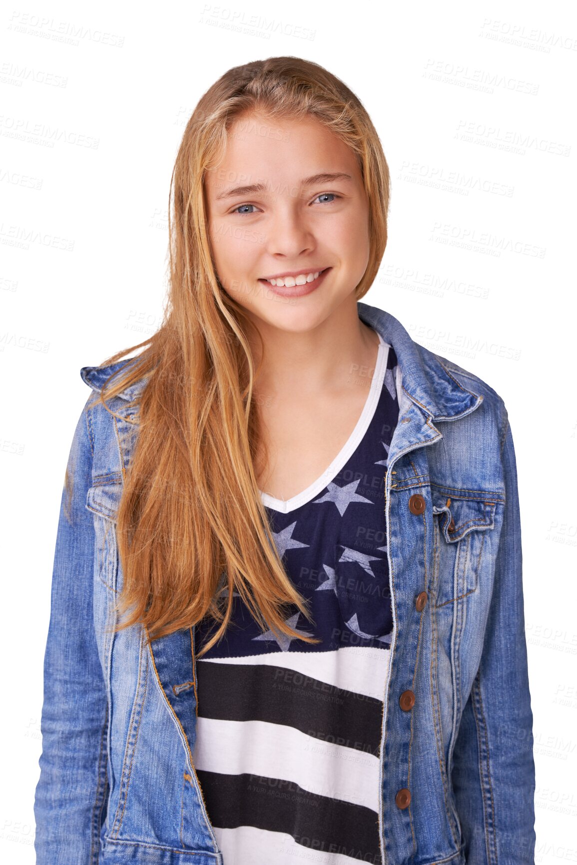 Buy stock photo Teenager, fashion and trendy outfit with denim jacket, happy and isolated on transparent png background. Portrait, confident and adolescent for cool clothes, youth and smile for face, girl and casual