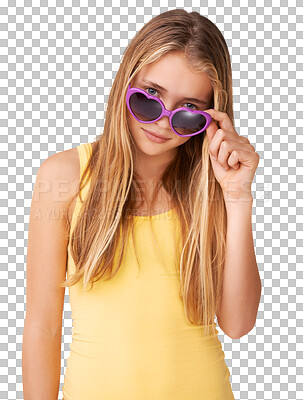 Buy stock photo Teen, girl and portrait in fashion sunglasses for fun attitude, vacation and studio mockup. Usa student, natural face and trendy aesthetic in summer clothes and isolated on transparent png background