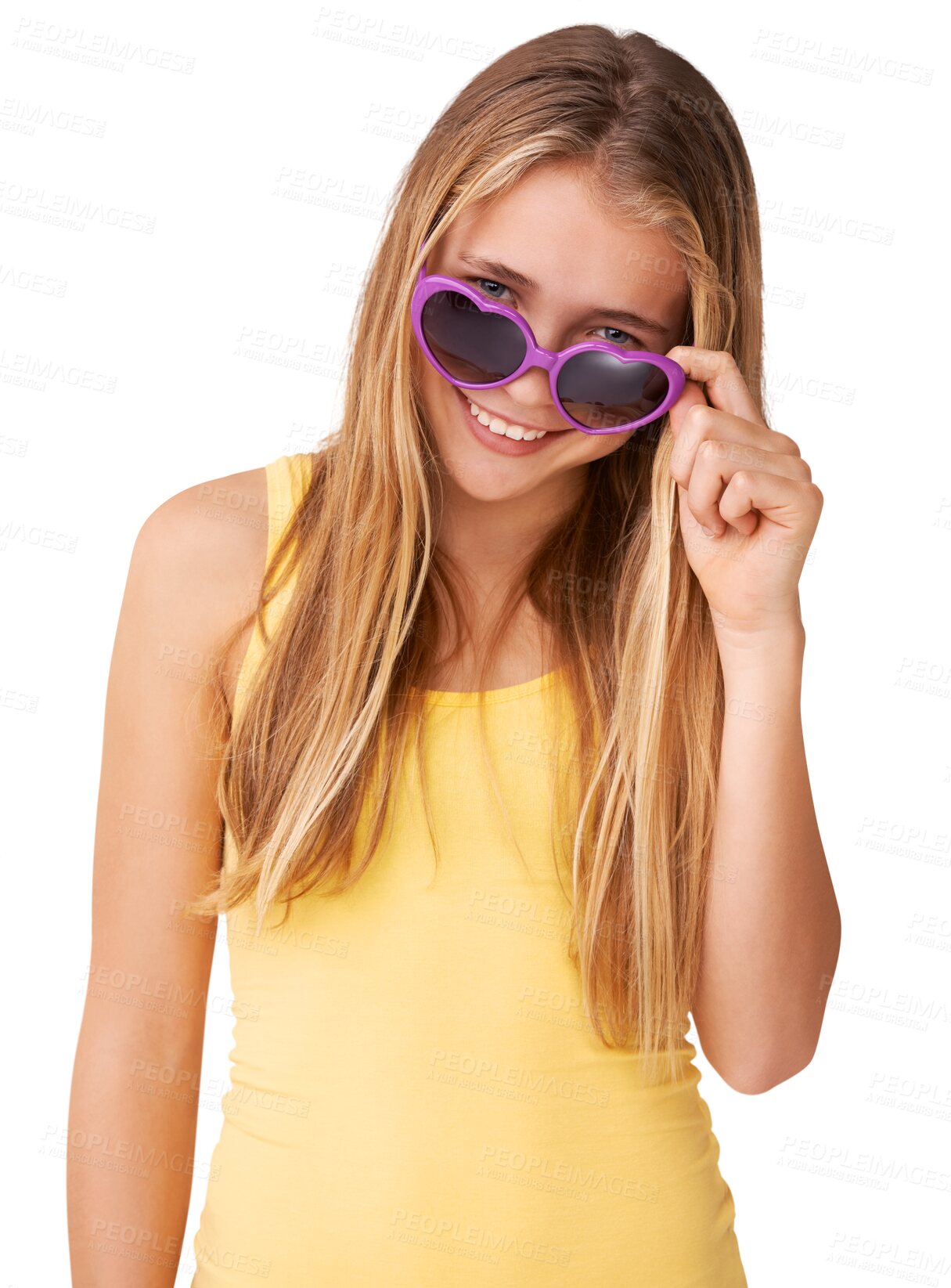 Buy stock photo Portrait, happy girl and sunglasses with smile for fashion, clothes or style for summer. Female model, youth and excited on isolated or transparent png background by joyful expression, emoji and pose