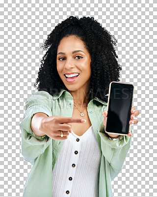 Buy stock photo Phone screen, woman portrait and hand pointing in advertising or marketing isolated on a transparent PNG background. Face of female person smile showing mobile smartphone display, app or mockup space