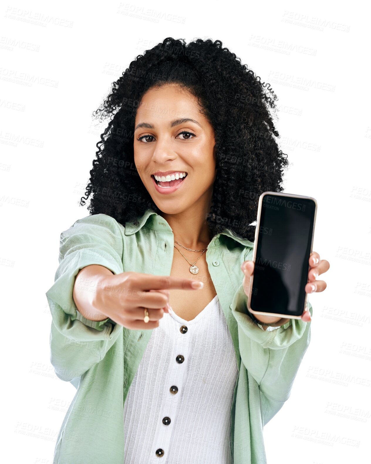 Buy stock photo Phone screen, woman portrait and hand pointing in advertising or marketing isolated on a transparent PNG background. Face of female person smile showing mobile smartphone display, app or mockup space