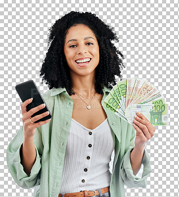 Buy stock photo Phone, money and portrait of happy woman in isolated on transparent png background with cashback, bonus or deal. cash, online shopping and girl excited for retail, store or offer, sale or giveaway.