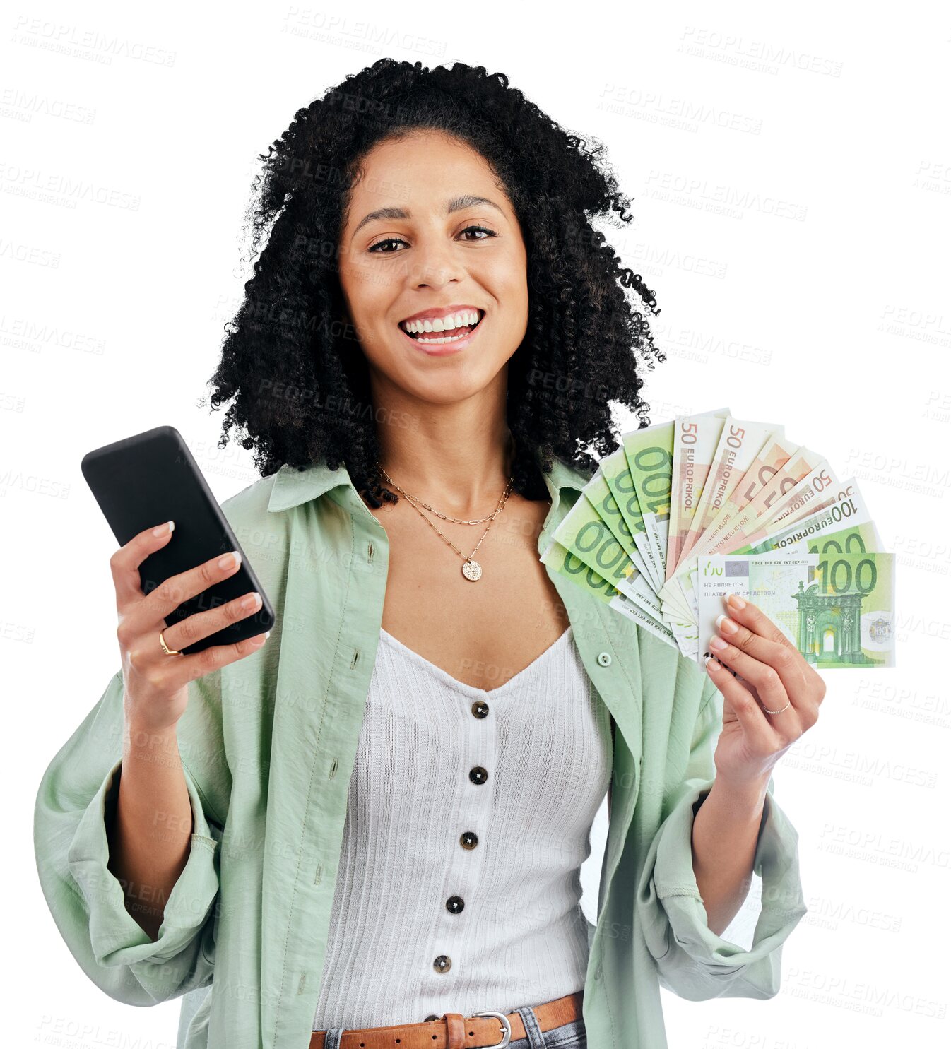 Buy stock photo Phone, money and portrait of happy woman in isolated on transparent png background with cashback, bonus or deal. cash, online shopping and girl excited for retail, store or offer, sale or giveaway.