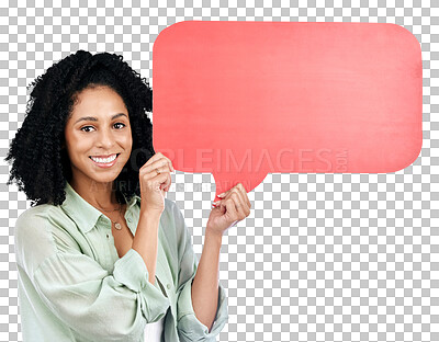 Buy stock photo Portrait, promotion and woman with speech bubble, pointing and poster isolated on a transparent background. Face, person and model with cardboard, communication and announcement with png and news