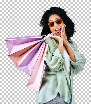 Buy stock photo Shopping bag, wow and portrait of happy woman in isolated on transparent png background with sale, bonus or deal. Surprise, smile and girl excited for retail store offer, discount saving or giveaway.