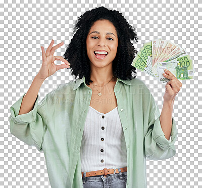 Buy stock photo Woman, okay and money bonus, finance success or winning with university loan and emoji on a transparent png background. Portrait of african student or winner with yes hand and cash, prize or reward