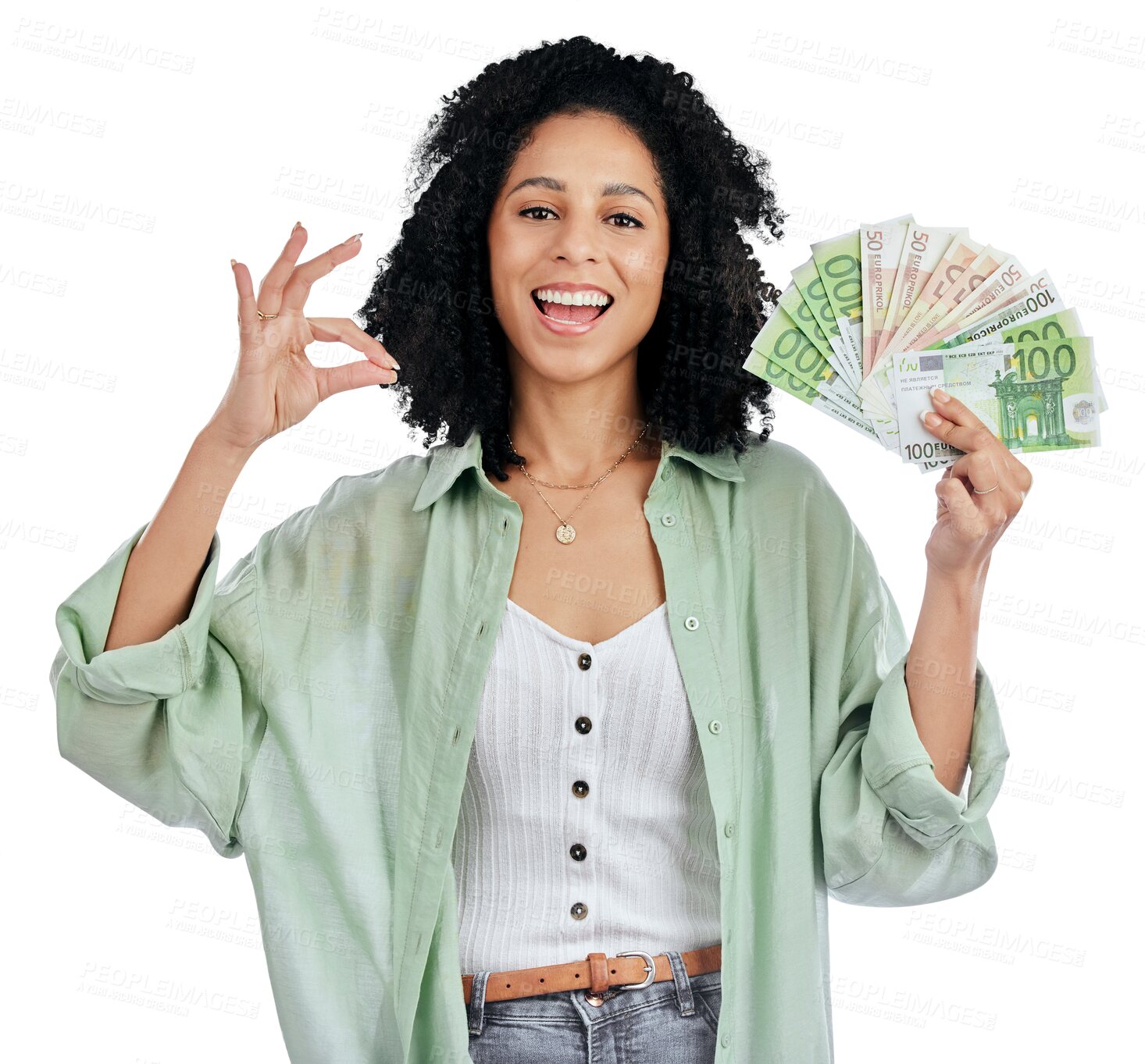 Buy stock photo Woman, okay and money bonus, finance success or winning with university loan and emoji on a transparent png background. Portrait of african student or winner with yes hand and cash, prize or reward