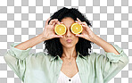 Vitamin c, lemon and eye of woman with a pout for organic wellne