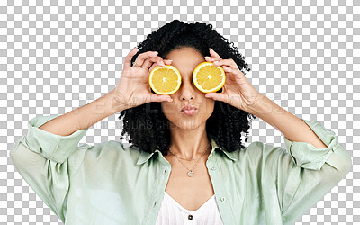 Buy stock photo Woman, pout and and orange fruits for vitamin c, natural beauty and detox diet isolated on a transparent png background. Model cover eyes with citrus, healthy food and vegan nutrition to lose weight