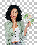 Woman, cash fan and thinking in studio for prize, profit or bonu