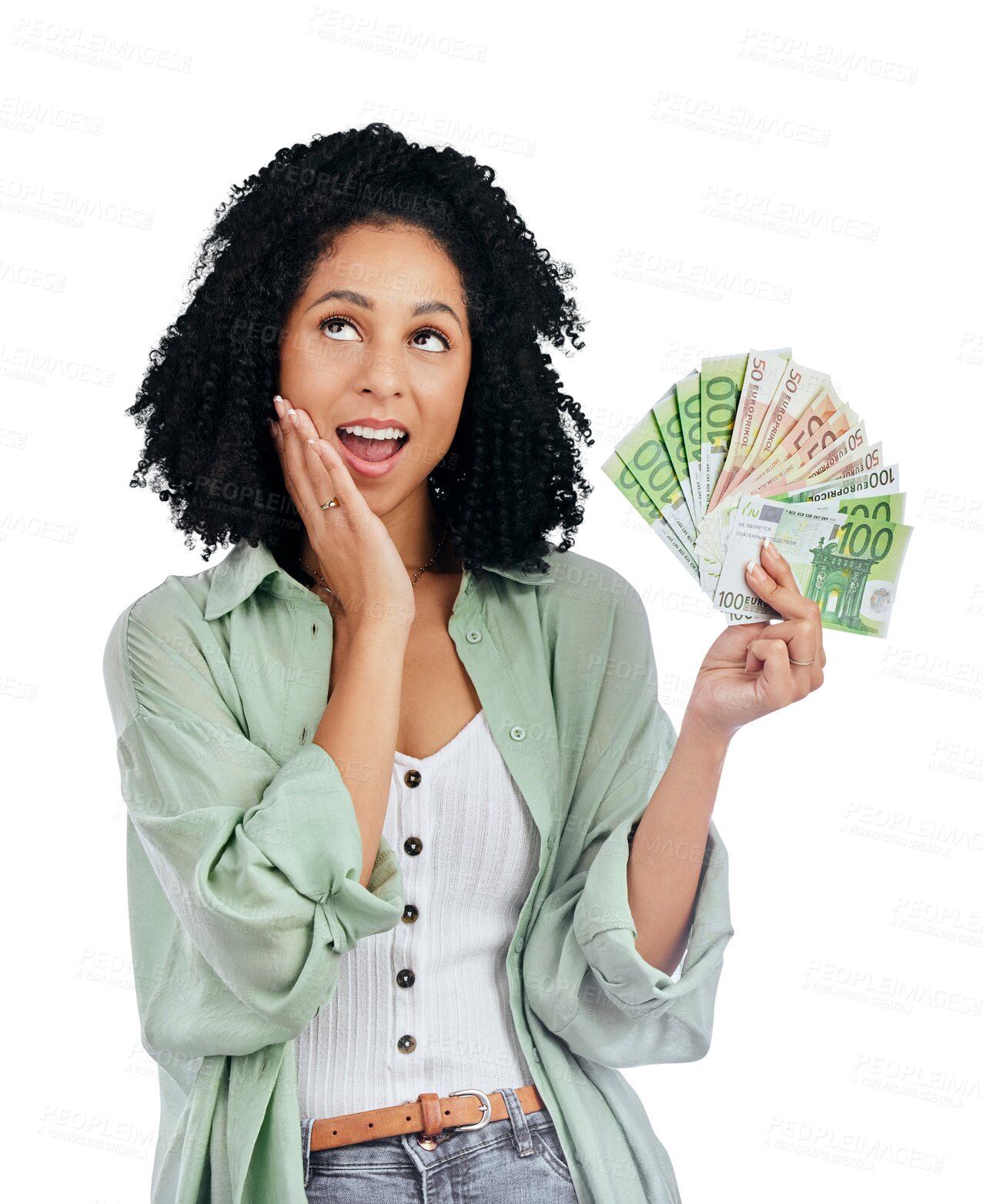 Buy stock photo Money, woman and winner thinking of bonus offer, financial success and winning or loan and payment choice. African person with cash, savings decision and wow or ideas on a transparent, png background