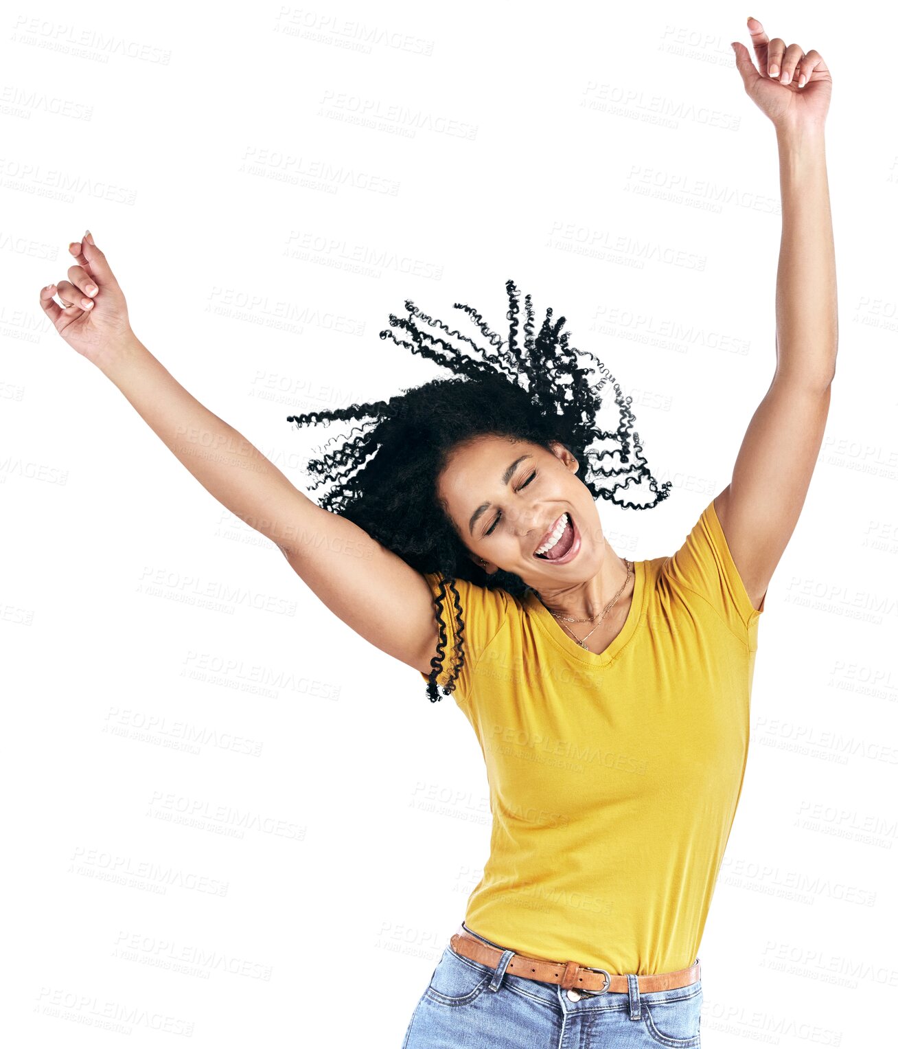 Buy stock photo Woman, arms up and afro or dancing celebration for party fun, isolated on transparent png background. Female person, model and hair or hands smile moving for happy confidence, energy crazy in Brazil