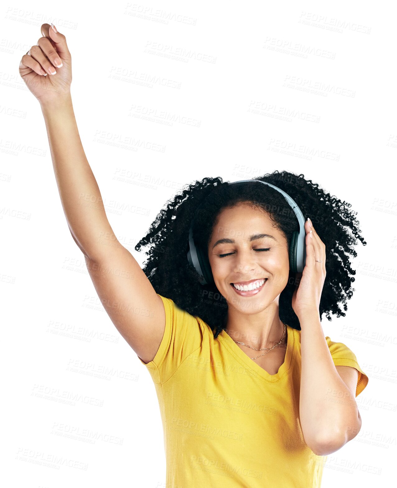 Buy stock photo Dance, music and happy woman with headphones in studio on isolated, transparent or png background. Freedom, energy and female model listening to radio, podcast or streaming audio, album or playlist