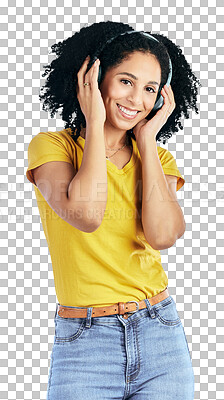 Buy stock photo Portrait, music and happy woman with headphones in studio on isolated, transparent or png background. Smile, face and female model listening to radio, podcast or streaming audio, album or playlist