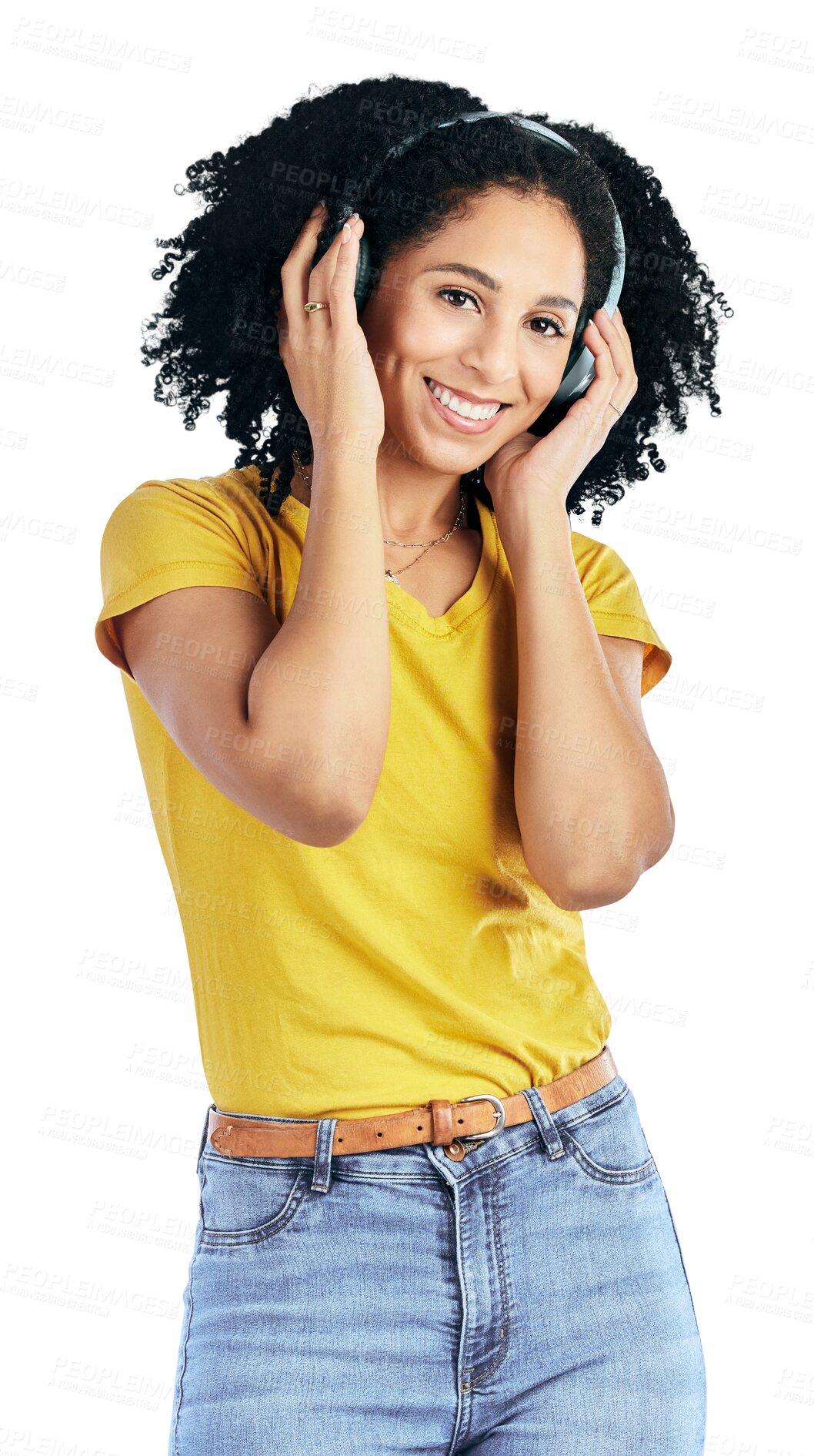 Buy stock photo Portrait, music and happy woman with headphones in studio on isolated, transparent or png background. Smile, face and female model listening to radio, podcast or streaming audio, album or playlist