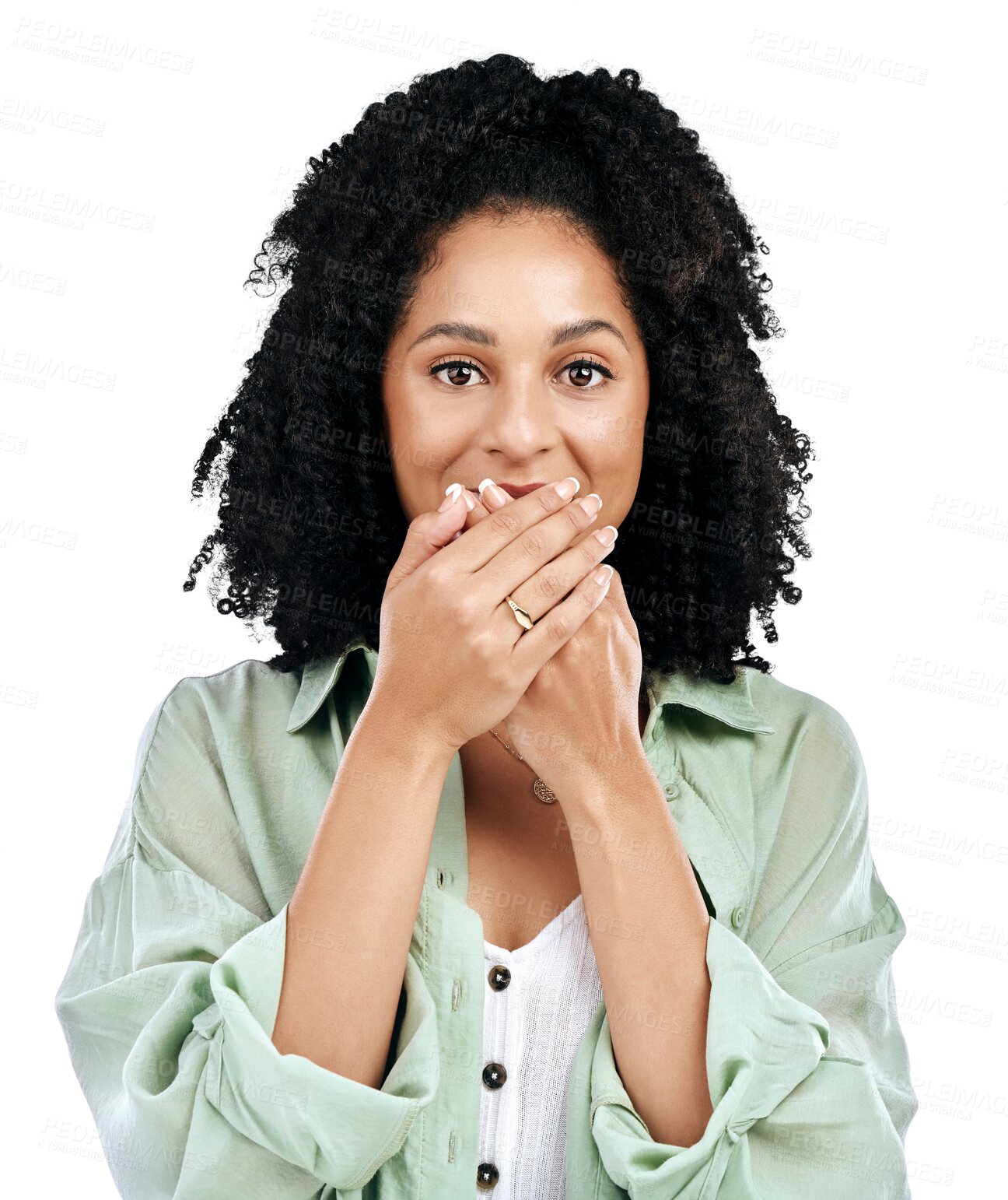 Buy stock photo Wow, secret and hands on face of woman isolated on a transparent png background with news, deal or giveaway promotion prize. Portrait, surprise and African person cover mouth, did you know and gossip