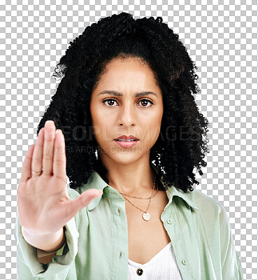 Buy stock photo Stop, hands and portrait of woman in studio with warning on isolated, transparent or png background. Protest, palm and face of female model with emoji vote, threat or control order, security or no