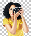 Photography, camera and portrait of woman photographer and happy