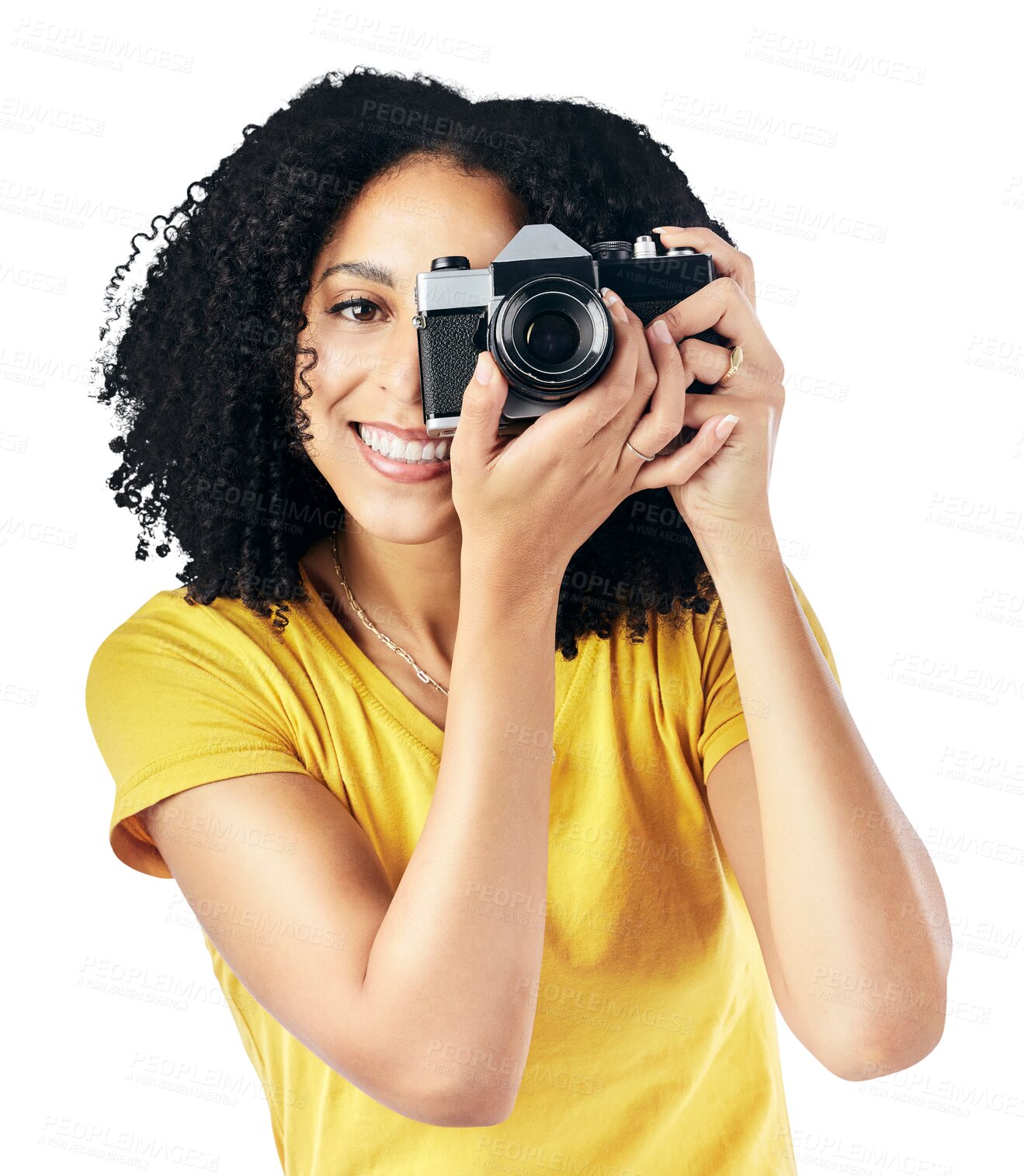 Buy stock photo Photography, portrait and happy woman with camera in studio for creative photoshoot on isolated, transparent or png background. Smile, face and female photographer with lens, memory or picture hobby