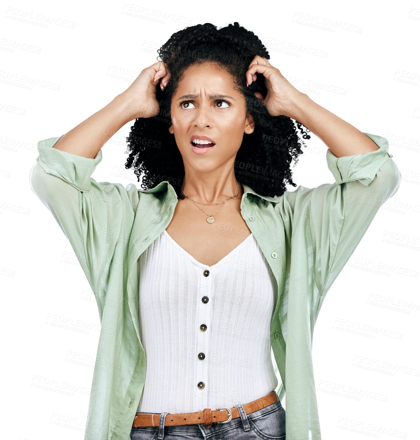 Buy stock photo Confused, thinking and woman in studio with stress on isolated, transparent or png background. Doubt, face and female model with wtf, why or frustrated with questions, ask or panic, anxiety or fail