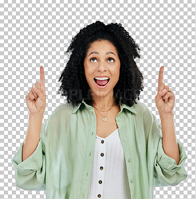 Buy stock photo Woman, hand and pointing for presentation with excitement for announcement, alert or promotion. Female model, happy and smile for wow offer in Cuba on isolated or a transparent png background