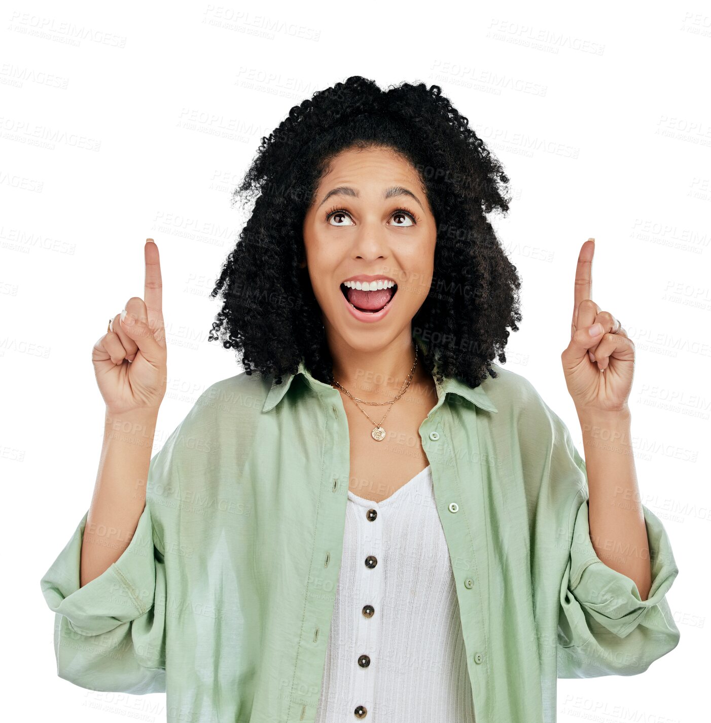 Buy stock photo Woman, hand and pointing for presentation with excitement for announcement, alert or promotion. Female model, happy and smile for wow offer in Cuba on isolated or a transparent png background