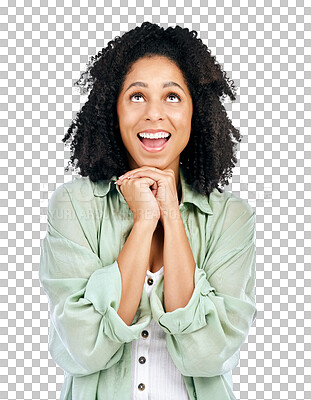 Buy stock photo Woman, afro and look up for wish thinking thought, isolated on transparent png background. Female person, model or hands or emoji face or hope idea or positive luck for opportunity, excited in Brazil