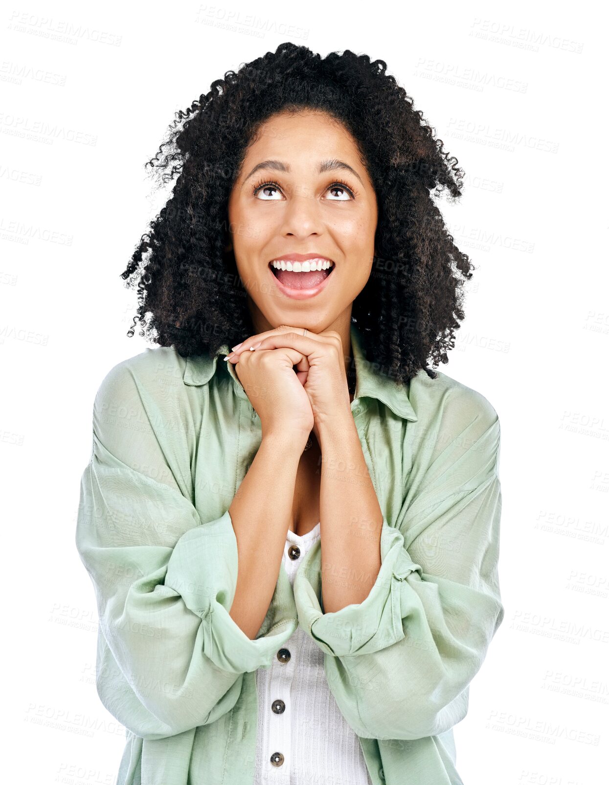 Buy stock photo Woman, afro and look up for wish thinking thought, isolated on transparent png background. Female person, model or hands or emoji face or hope idea or positive luck for opportunity, excited in Brazil