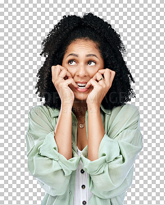 Buy stock photo Thinking, anxiety and woman biting nails with stress in studio on isolated, transparent or png background. Fear, trauma and lady model with doubt, fail or emoji for nervous, tension or suspense