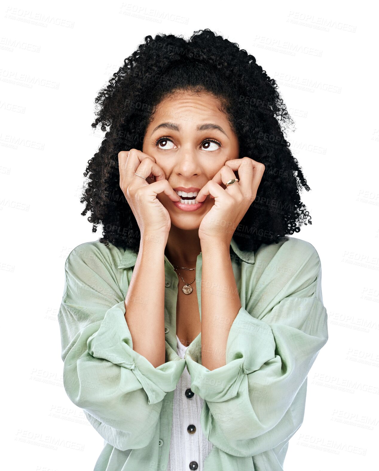 Buy stock photo Thinking, anxiety and woman biting nails with stress in studio on isolated, transparent or png background. Fear, trauma and lady model with doubt, fail or emoji for nervous, tension or suspense