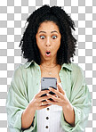 Phone, wow or woman with surprise gossip or fake news isolated o