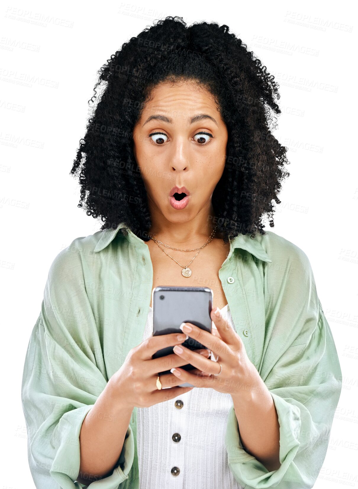 Buy stock photo Woman, shock and phone for fake news, wow and scam on social media. Female model, hand and mobile app in Cuba, read or information on isolated or a transparent png background by internet, web or post
