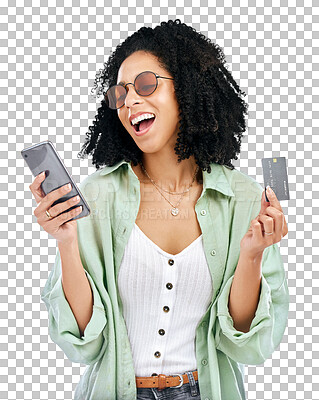 Buy stock photo Happy woman, phone and credit card for online shopping or payment isolated on a transparent PNG background. Female person smile with mobile smartphone and debit for banking, investment or ecommerce