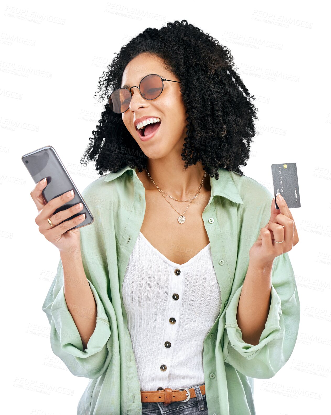 Buy stock photo Happy woman, phone and credit card for online shopping or payment isolated on a transparent PNG background. Female person smile with mobile smartphone and debit for banking, investment or ecommerce