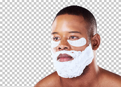 Skincare, black man and eye mask while shaving in studio cleaning, cosmetic or treatment on blue background. Face, beauty and African guy model with gel patch and skin for facial, hair or wellness
