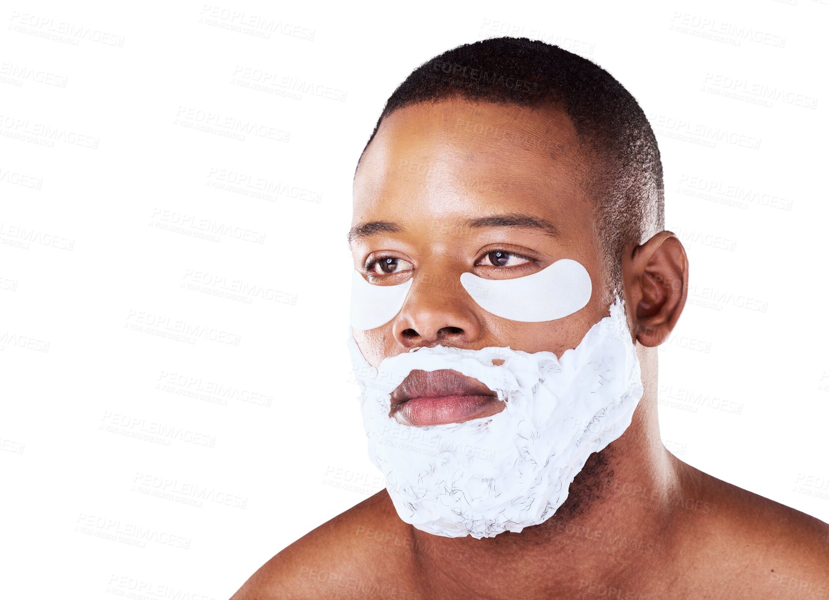 Buy stock photo Skincare, black man and shaving cream with cosmetics, dermatology and wellness isolated on a transparent background. African person, guy and model with eye patches, facial and grooming with png