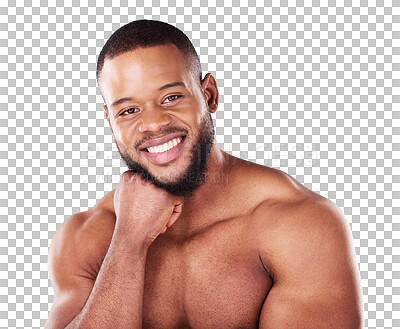 Buy stock photo Cosmetics, portrait and black man with skincare, muscle and wellness isolated on a png transparent background. Male person, model and face of guy with treatment for dermatology, aesthetic and health