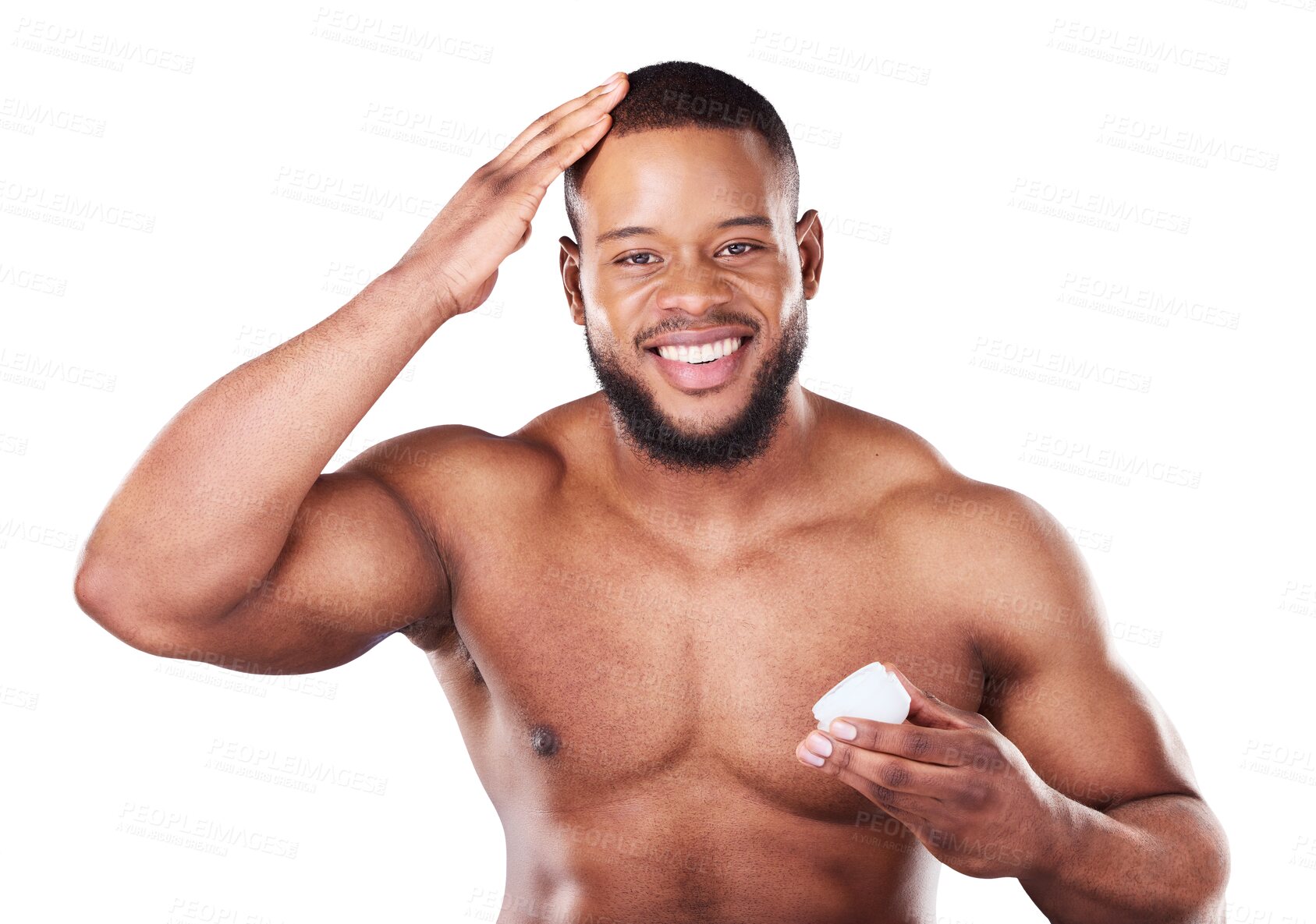 Buy stock photo Beauty, portrait and black man with cream, hair care and shine for moisture on isolated transparent png background. Smile, growth and person as model, gel or healthy for cosmetics, treatment or fresh