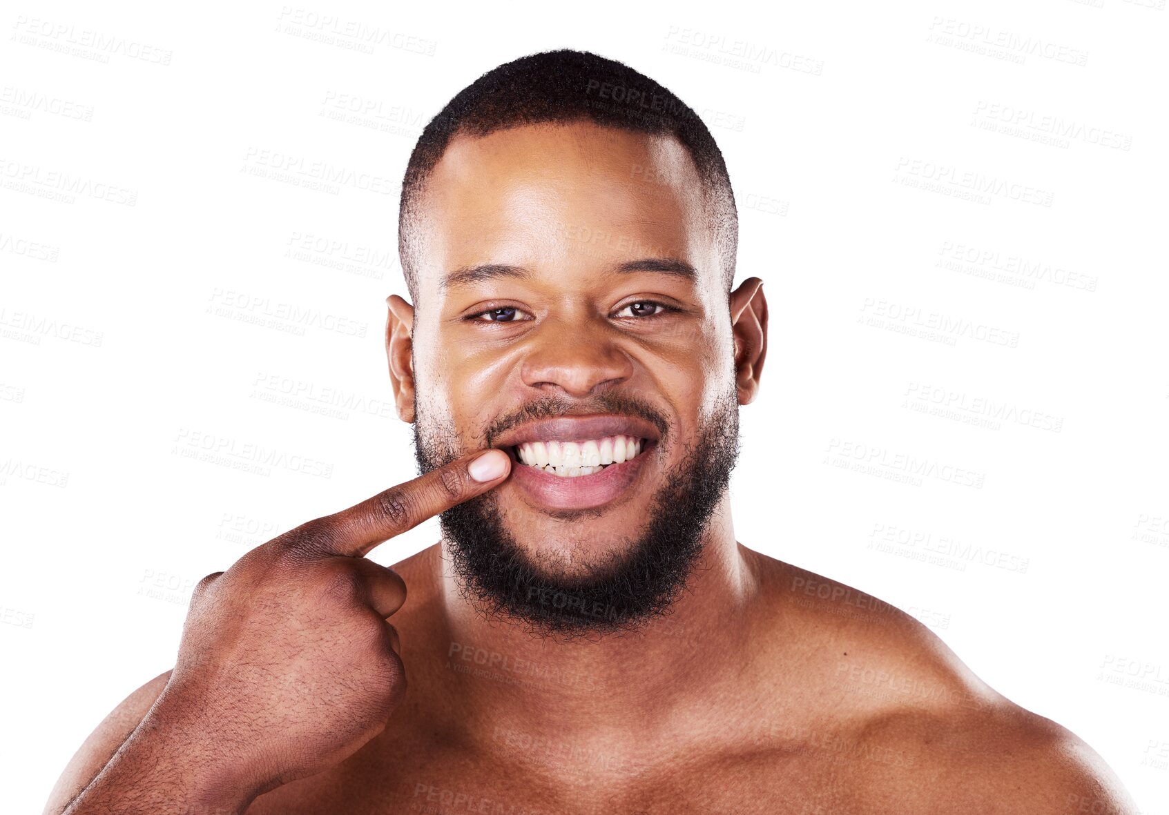 Buy stock photo Smile, teeth and portrait of black man with dental hygiene, health or wellness for morning routine. Happy, oral care and African male model with mouth treatment isolated by transparent png background