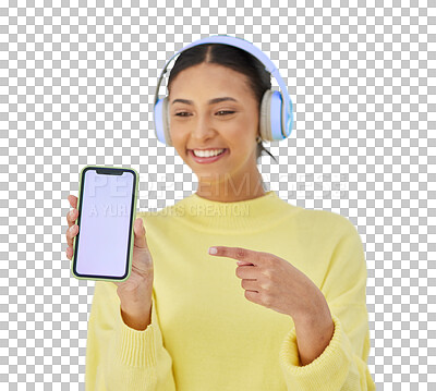 Buy stock photo Happy woman, phone mockup and headphones, pointing at mobile app and isolated on transparent png background. Girl with smile, listening to music and online streaming on smartphone, display or screen.