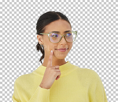 Buy stock photo Woman, smile and glasses with thinking, problem solving and vision isolated on png transparent background. Ideas, eyewear or happy model brainstorming with hand on face in fashion or mindfulness