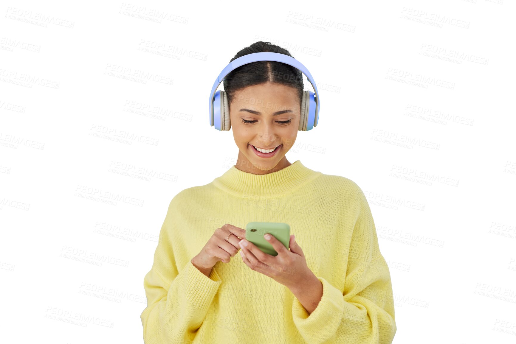 Buy stock photo Happy woman, phone and headphones, streaming with mobile app and isolated on transparent png background. Girl with smile, listening to music service and scroll online on smartphone, website or audio.