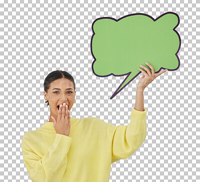 Buy stock photo Woman, portrait and speech bubble board for shock announcement, isolated on transparent png background. Female person, face and wow emoji excited for chat discussion, communication or deal display