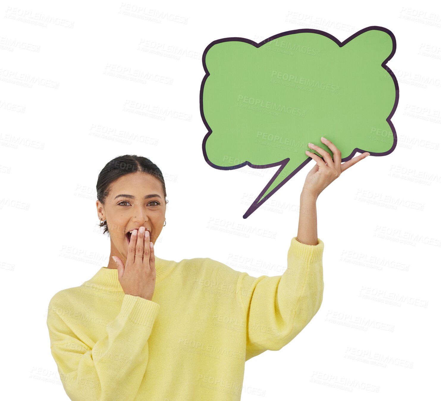 Buy stock photo Woman, portrait and speech bubble board for shock announcement, isolated on transparent png background. Female person, face and wow emoji excited for chat discussion, communication or deal display