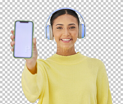 Buy stock photo Portrait of happy woman with phone screen, headphones and mockup for social media, mobile app or show advertising. Smile, music and girl with smartphone space isolated on a transparent png background