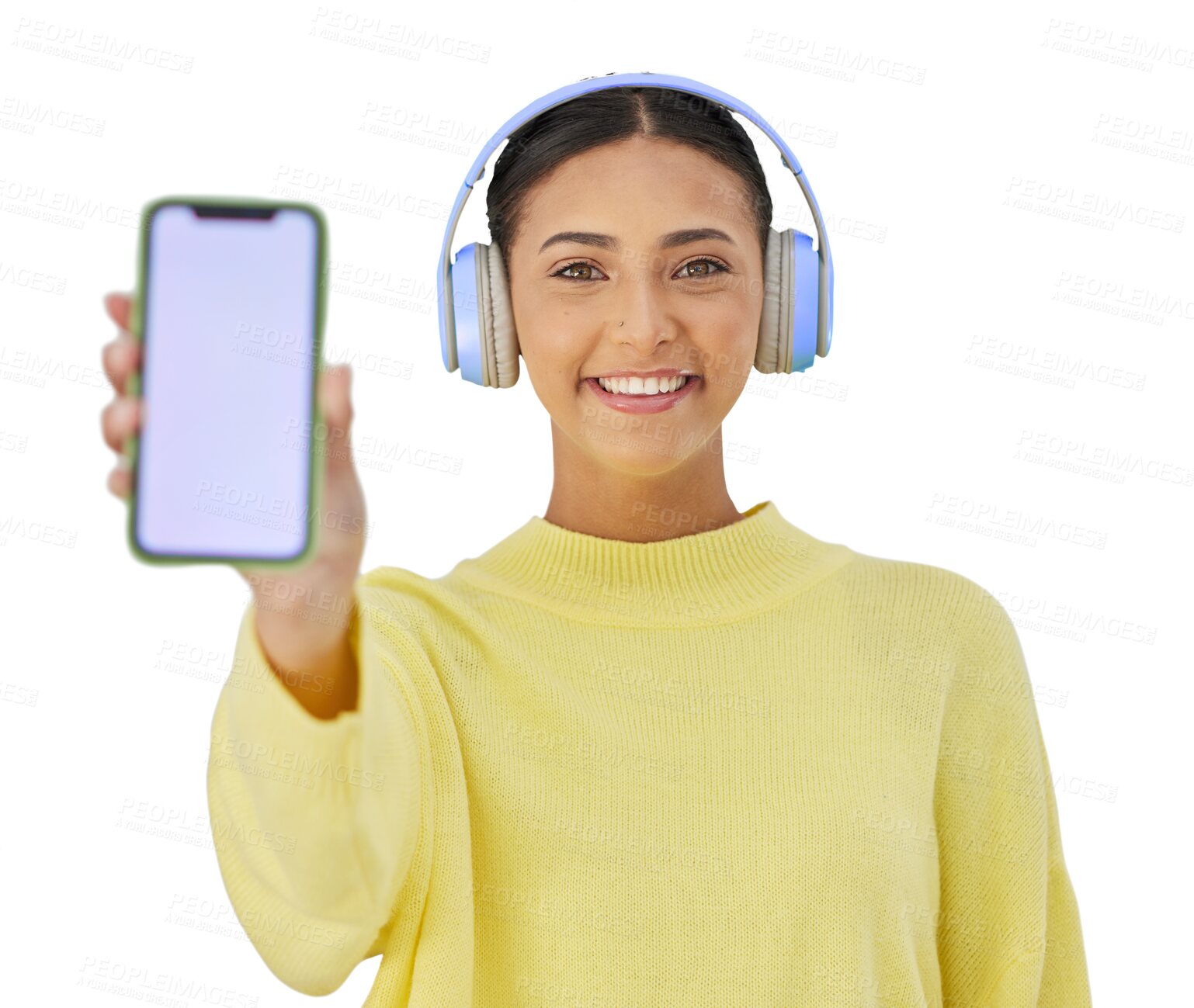 Buy stock photo Portrait of happy woman with phone screen, headphones and mockup for social media, mobile app or show advertising. Smile, music and girl with smartphone space isolated on a transparent png background