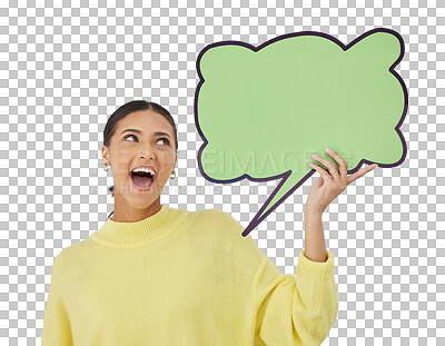 Buy stock photo Social media, excited and woman with speech bubble for opinion, advertising and sign. Poster, billboard and isolated person for feedback, announcement and voice on png transparent background