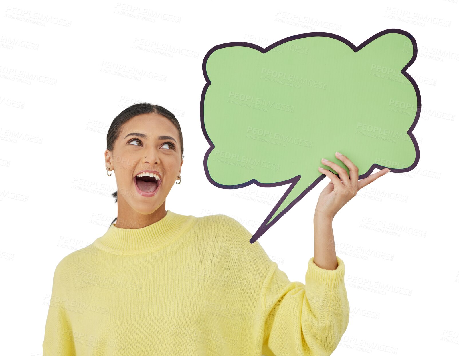 Buy stock photo Social media, excited and woman with speech bubble for opinion, advertising and sign. Poster, billboard and isolated person for feedback, announcement and voice on png transparent background